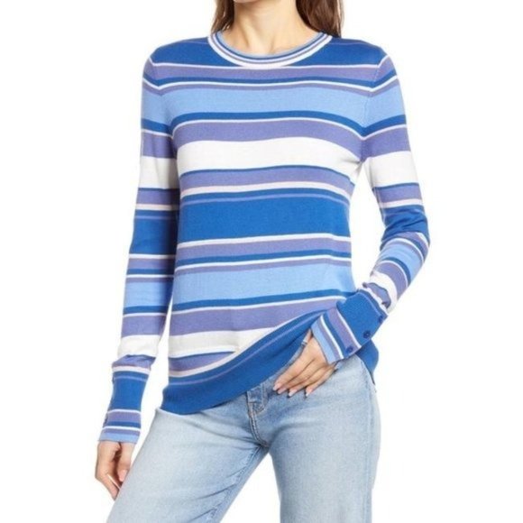 HALOGEN Striped Crewneck Sweater Blue White - Medium - NWT - Picture 1 of 3